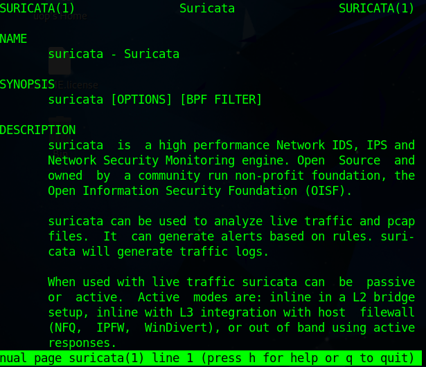 A picture of the Manual page for Suricata which confirms the successful installation of Suricata on Parrot OS.