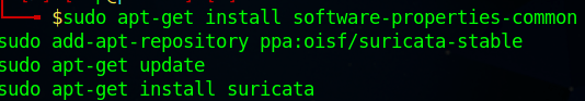 A picture showing the set of commands needed to successfully install Suricata on Parrot OS.